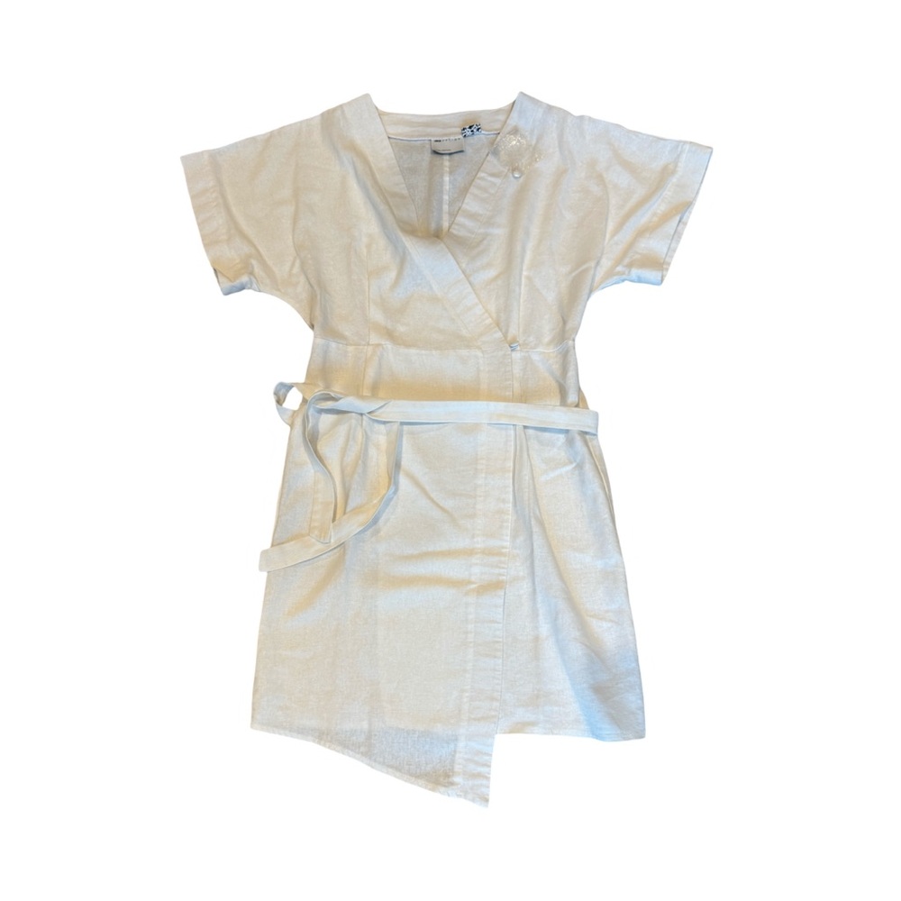 ASOS Women's White Wrap Belted linen Dress Size US 4 Short Sleeve